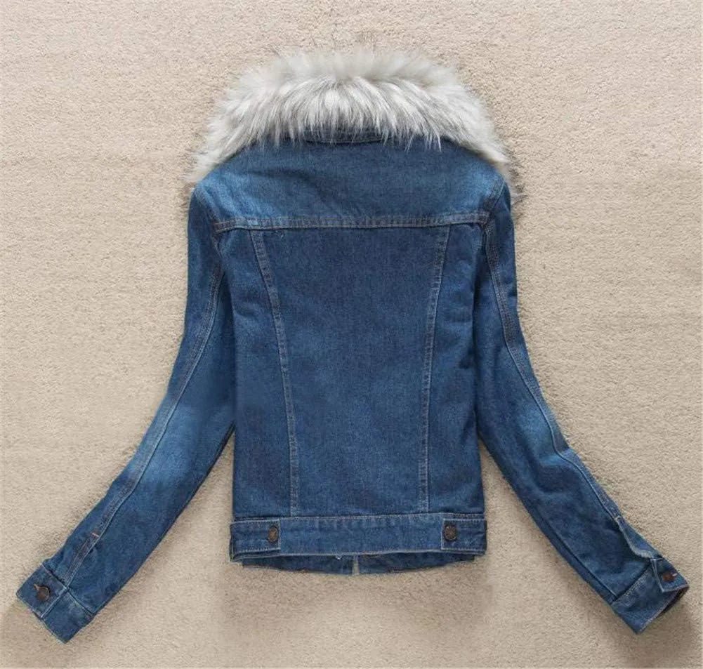 ACE SHOCK Denim Jacket for Women Lined Faux Fleece, Short Winter Jeans Coat with Detachable Faux-fur Collar