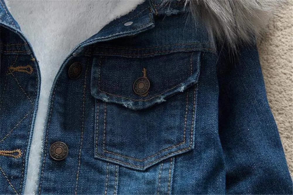 ACE SHOCK Denim Jacket for Women Lined Faux Fleece, Short Winter Jeans Coat with Detachable Faux-fur Collar