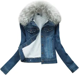 ACE SHOCK Denim Jacket for Women Lined Faux Fleece, Short Winter Jeans Coat with Detachable Faux-fur Collar