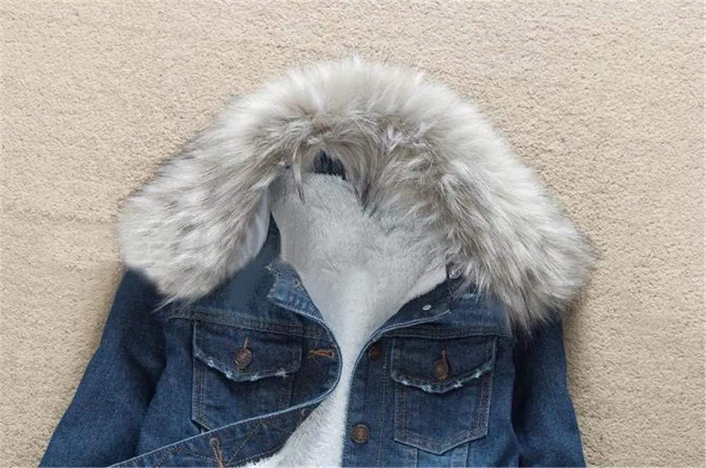 ACE SHOCK Denim Jacket for Women Lined Faux Fleece, Short Winter Jeans Coat with Detachable Faux-fur Collar