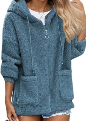 Akivide Womens Zip Up Fleece Jacket with Pockets Oversized Long Sherpa Hoodie Fuzzy Jackets Warm Teddy Coat