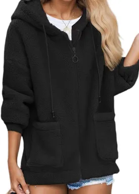 Akivide Womens Zip Up Fleece Jacket with Pockets Oversized Long Sherpa Hoodie Fuzzy Jackets Warm Teddy Coat