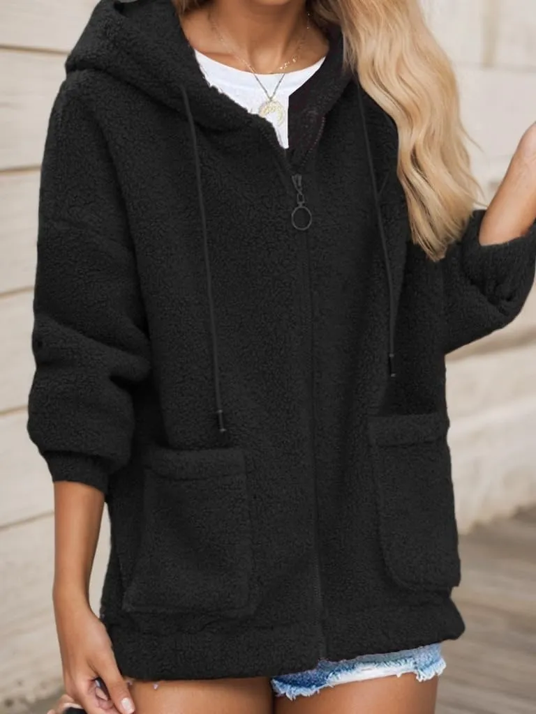 Akivide Womens Zip Up Fleece Jacket with Pockets Oversized Long Sherpa Hoodie Fuzzy Jackets Warm Teddy Coat