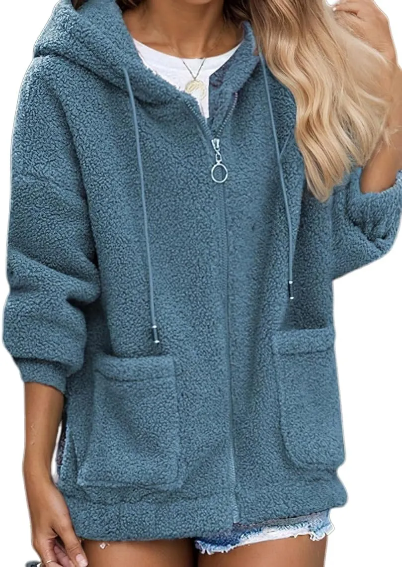 Akivide Womens Zip Up Fleece Jacket with Pockets Oversized Long Sherpa Hoodie Fuzzy Jackets Warm Teddy Coat