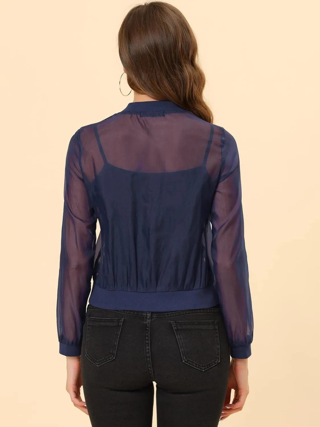 Allegra K Mesh Sheer Jacket for Women's See Through Long Sleeve Zip Up Bomber Jacket