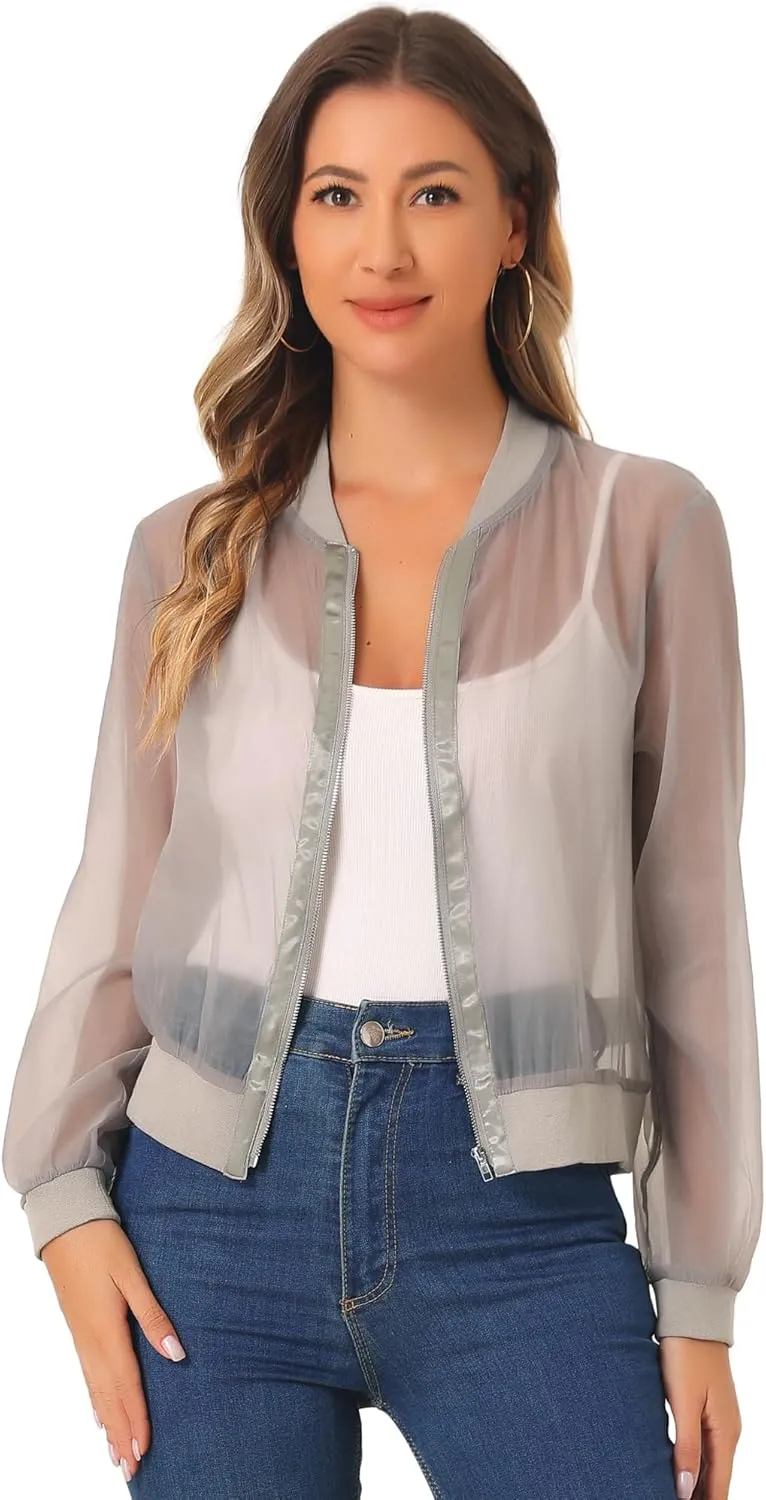 Allegra K Mesh Sheer Jacket for Women's See Through Long Sleeve Zip Up Bomber Jacket