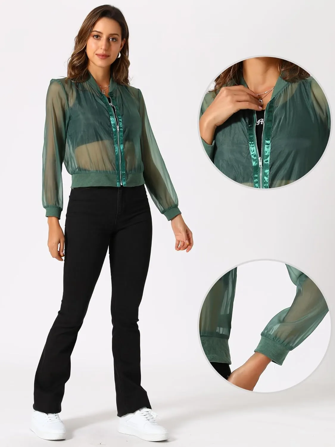 Allegra K Mesh Sheer Jacket for Women's See Through Long Sleeve Zip Up Bomber Jacket