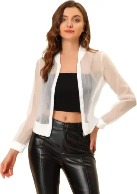 Allegra K Mesh Sheer Jacket for Women's See Through Long Sleeve Zip Up Bomber Jacket