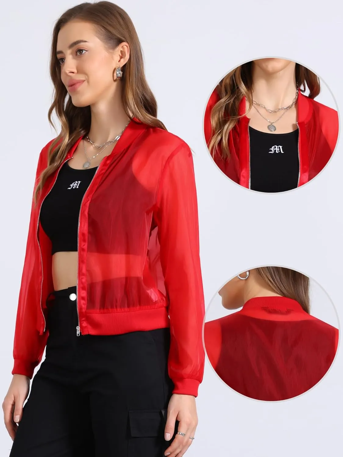 Allegra K Mesh Sheer Jacket for Women's See Through Long Sleeve Zip Up Bomber Jacket