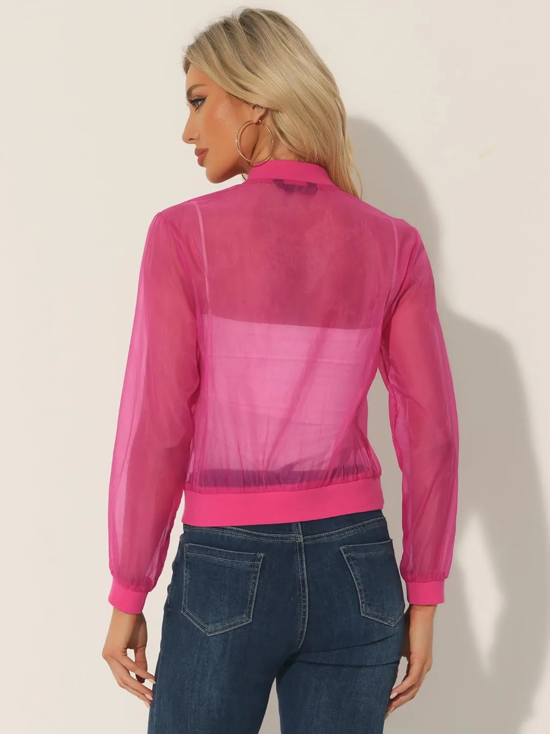 Allegra K Mesh Sheer Jacket for Women's See Through Long Sleeve Zip Up Bomber Jacket