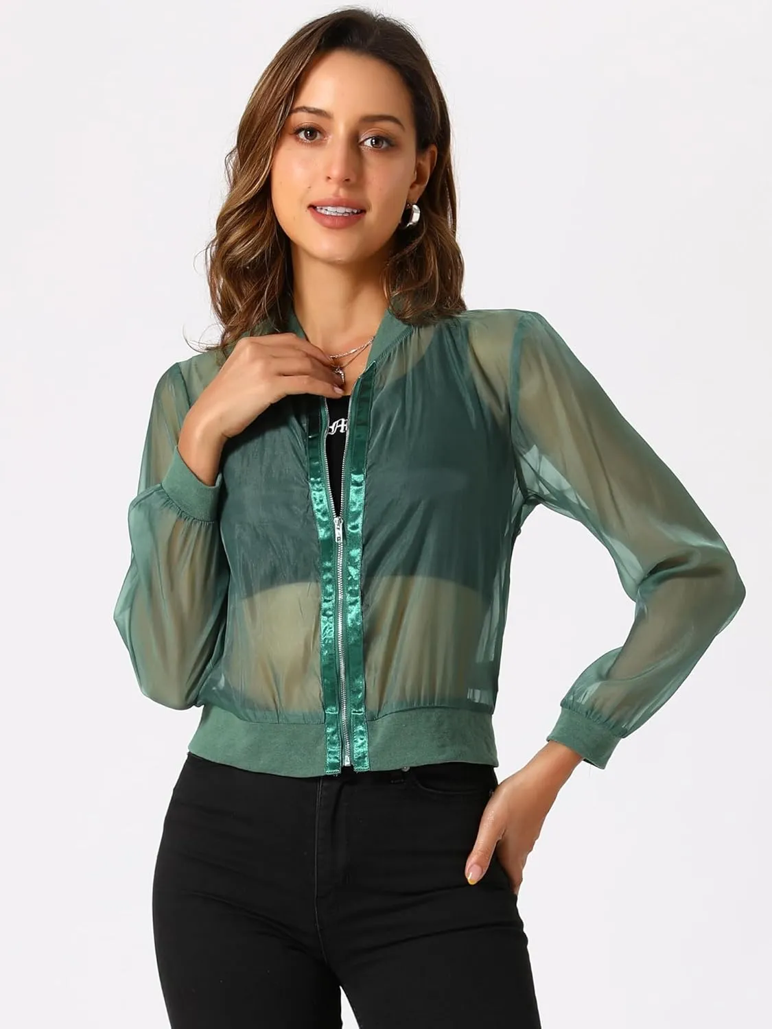 Allegra K Mesh Sheer Jacket for Women's See Through Long Sleeve Zip Up Bomber Jacket