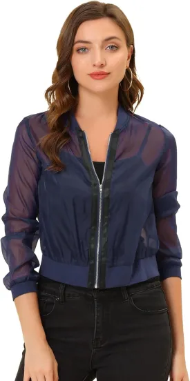 Allegra K Mesh Sheer Jacket for Women's See Through Long Sleeve Zip Up Bomber Jacket
