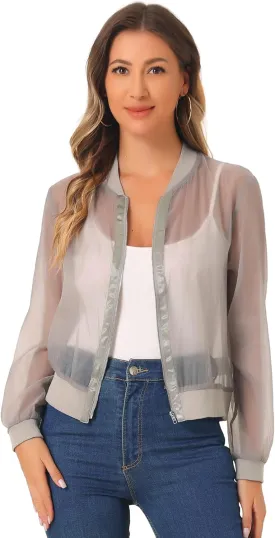 Allegra K Mesh Sheer Jacket for Women's See Through Long Sleeve Zip Up Bomber Jacket