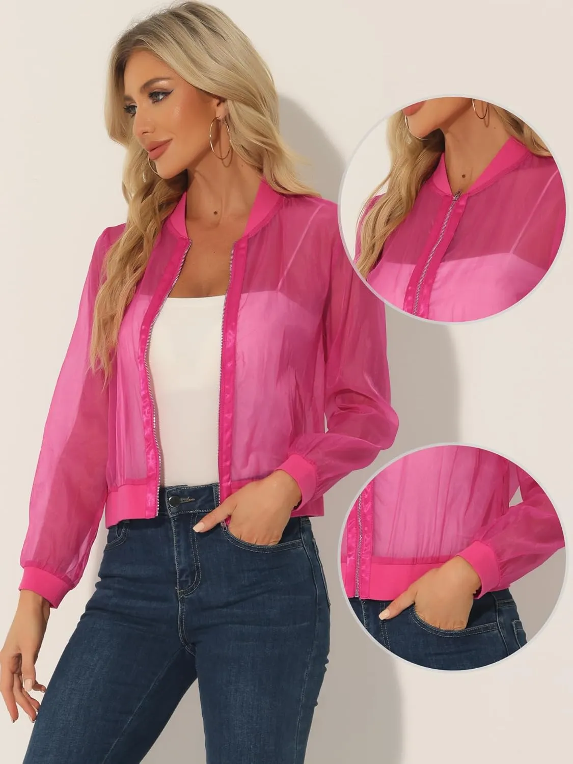 Allegra K Mesh Sheer Jacket for Women's See Through Long Sleeve Zip Up Bomber Jacket