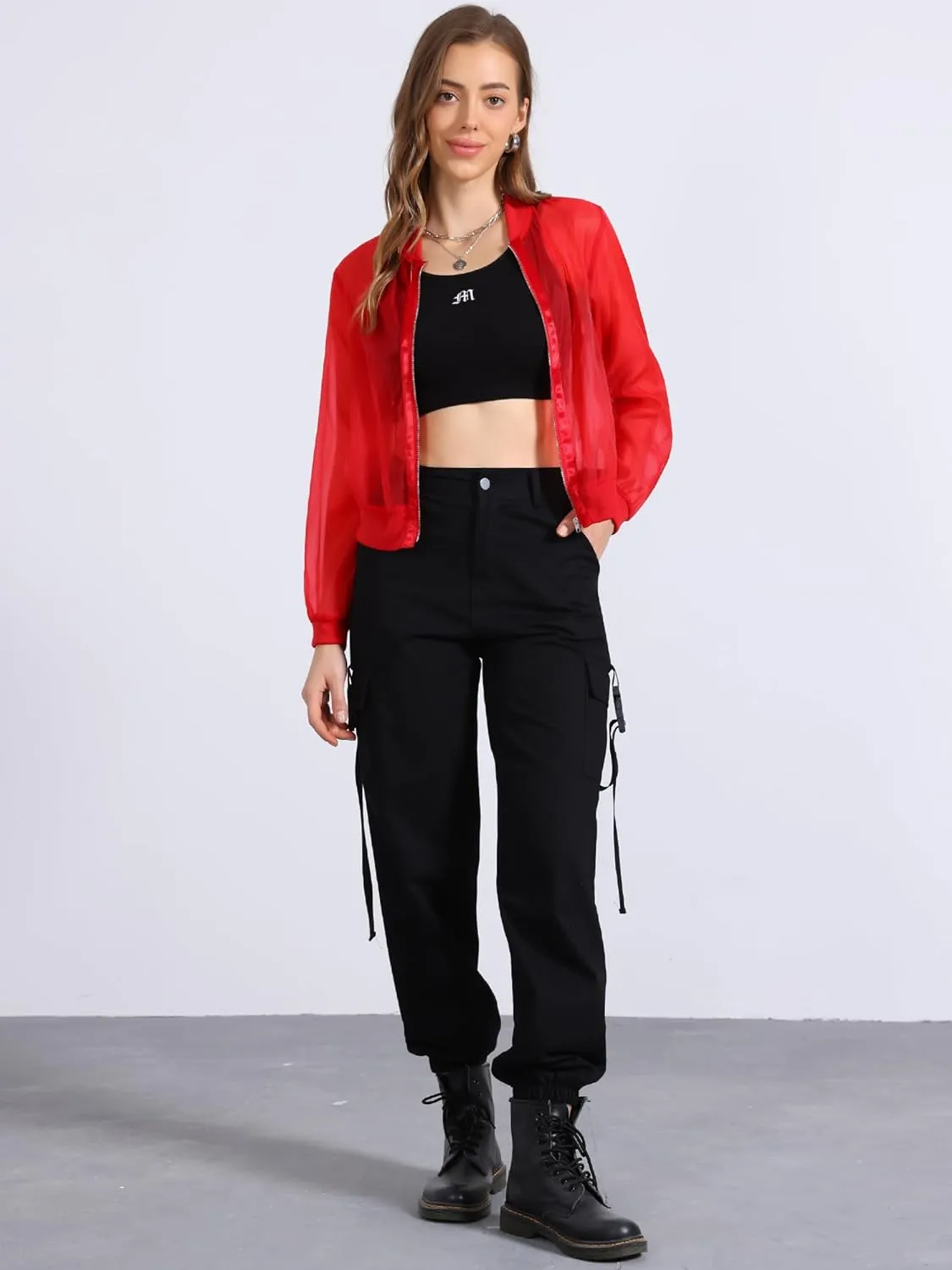 Allegra K Mesh Sheer Jacket for Women's See Through Long Sleeve Zip Up Bomber Jacket
