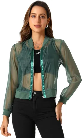 Allegra K Mesh Sheer Jacket for Women's See Through Long Sleeve Zip Up Bomber Jacket