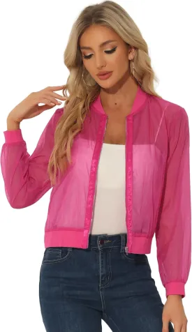 Allegra K Mesh Sheer Jacket for Women's See Through Long Sleeve Zip Up Bomber Jacket