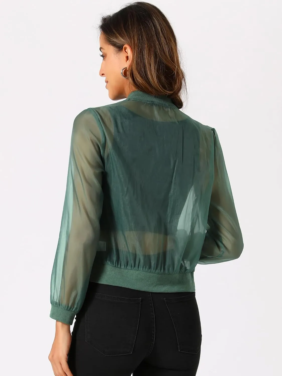 Allegra K Mesh Sheer Jacket for Women's See Through Long Sleeve Zip Up Bomber Jacket