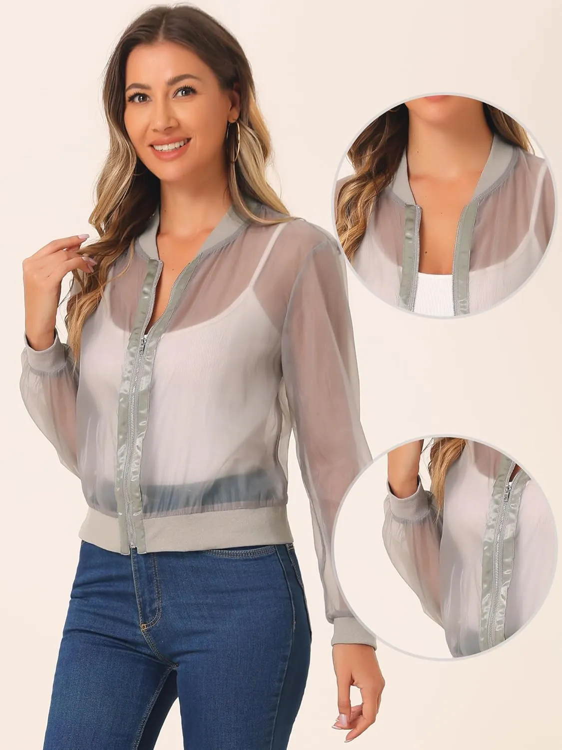 Allegra K Mesh Sheer Jacket for Women's See Through Long Sleeve Zip Up Bomber Jacket