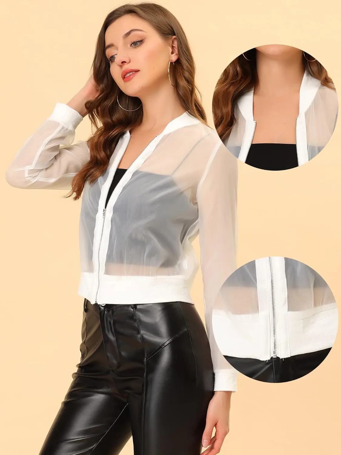 Allegra K Mesh Sheer Jacket for Women's See Through Long Sleeve Zip Up Bomber Jacket