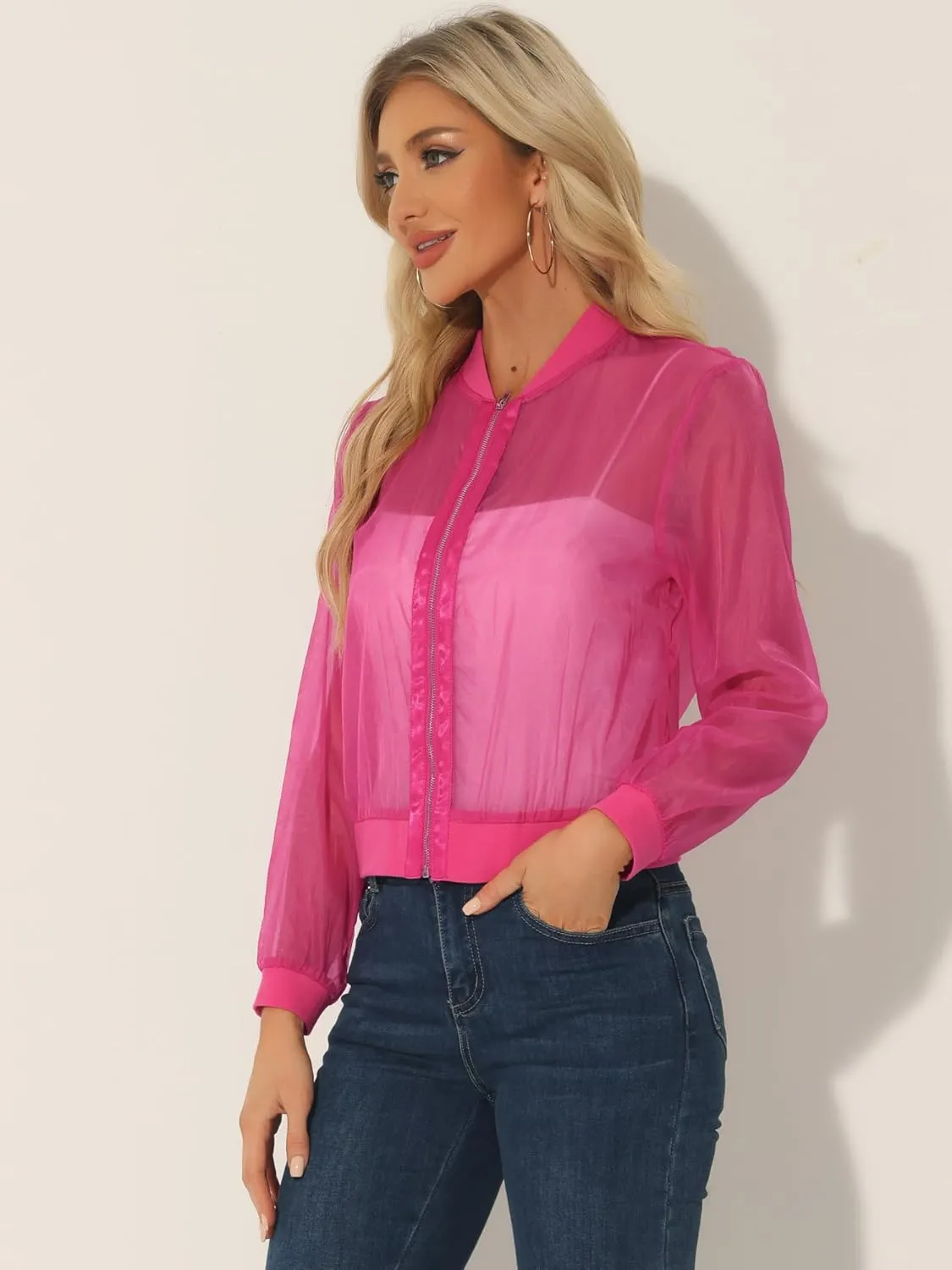 Allegra K Mesh Sheer Jacket for Women's See Through Long Sleeve Zip Up Bomber Jacket