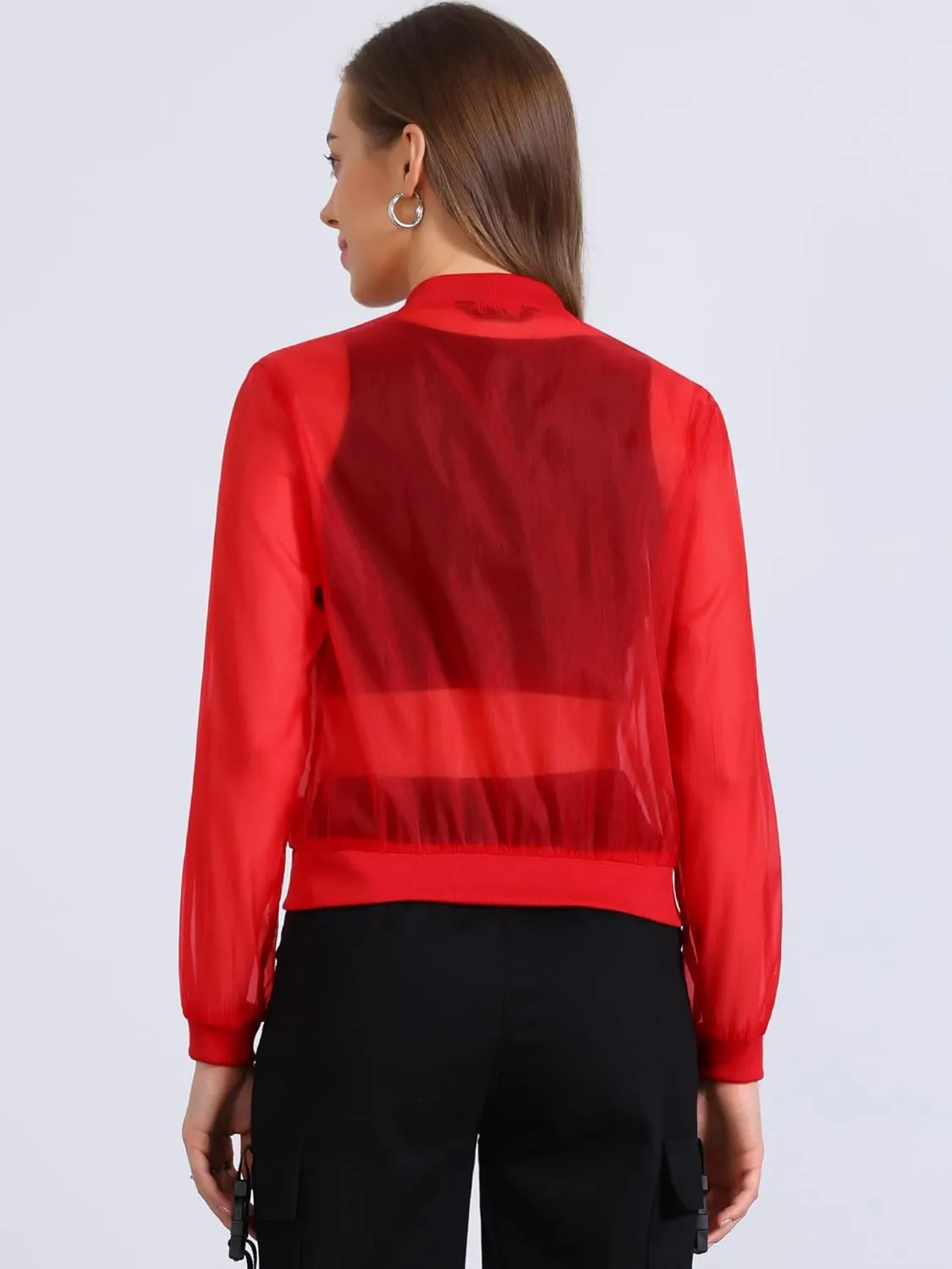 Allegra K Mesh Sheer Jacket for Women's See Through Long Sleeve Zip Up Bomber Jacket