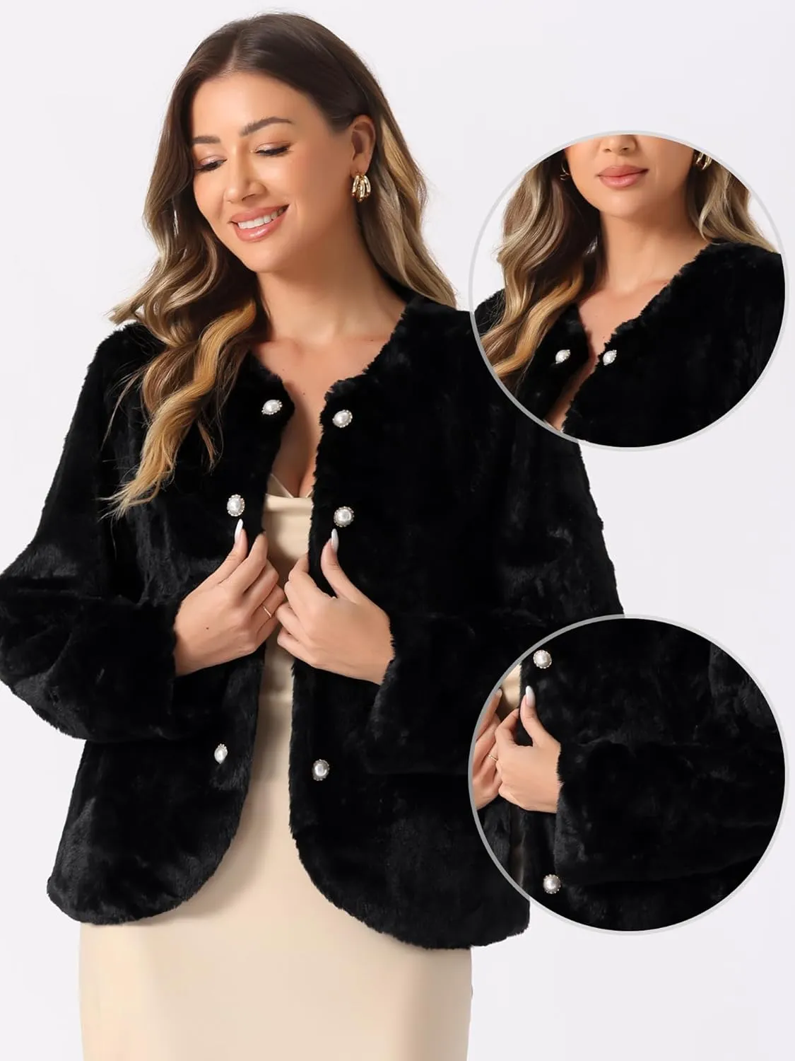 Allegra K Winter Faux Fur Coat Jacket for Women Long Sleeve Pockets Pearl Button Fluffy Cropped Cardigan Outerwear