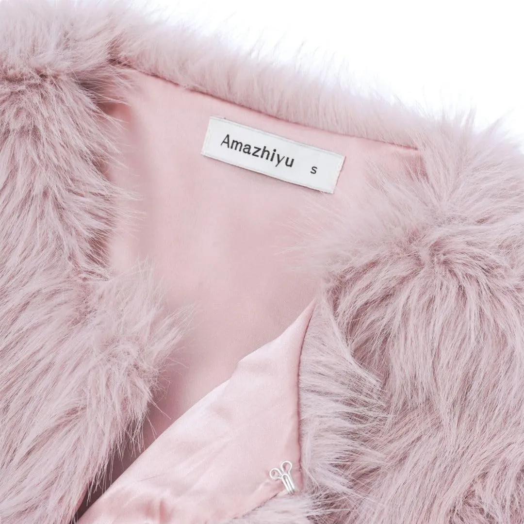 Amazhiyu Women's Faux Fur Cropped Coat Pockets Long Sleeve Open Front Winter Jacket