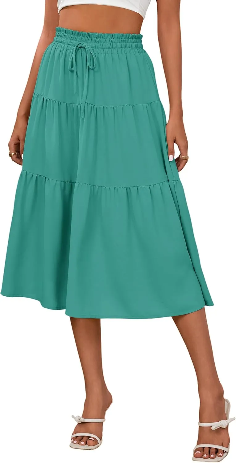 Anbech Women's Midi Skirt Elastic High Waisted Summer Pleated Beach Casual Skirts