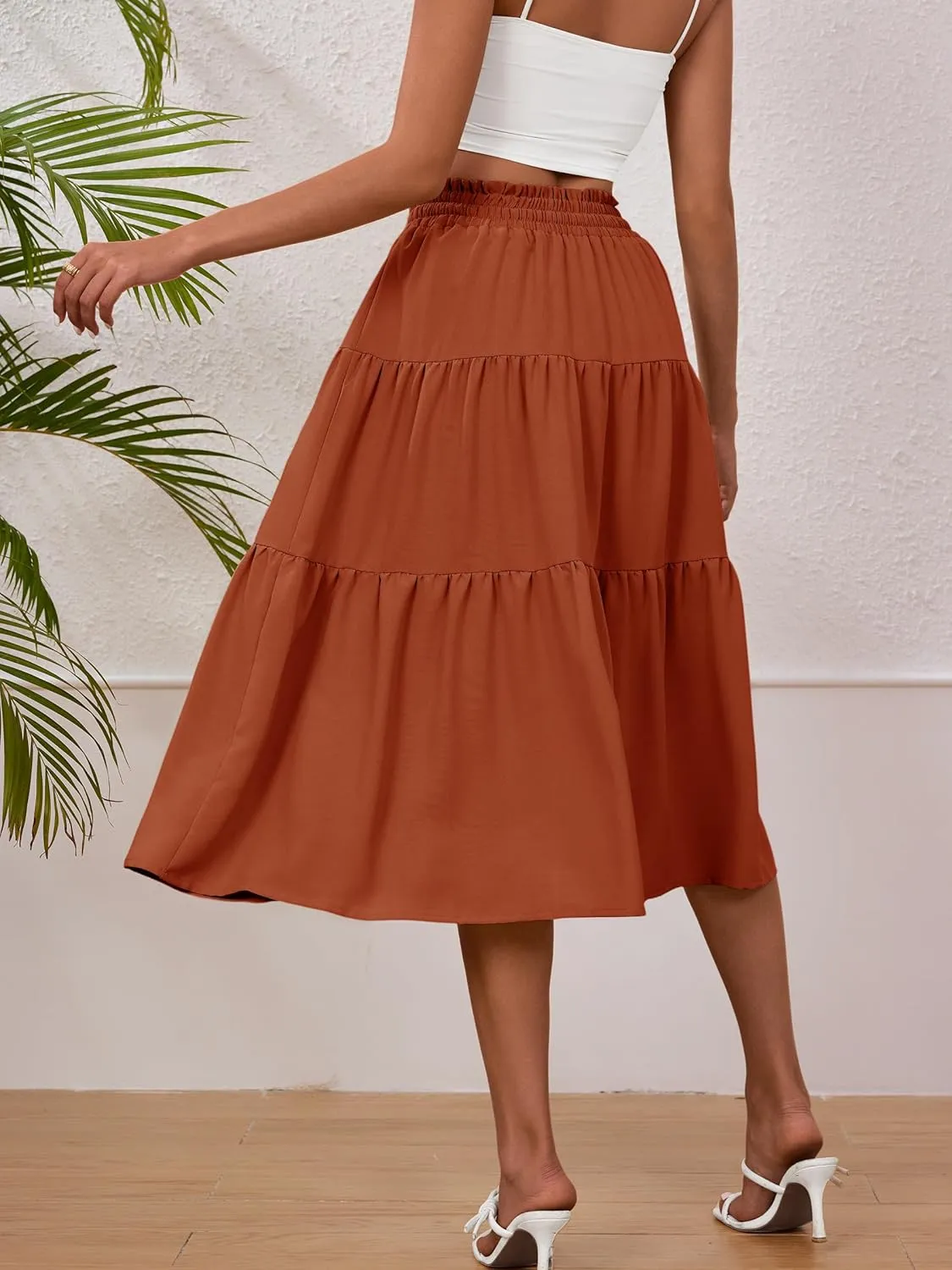 Anbech Women's Midi Skirt Elastic High Waisted Summer Pleated Beach Casual Skirts