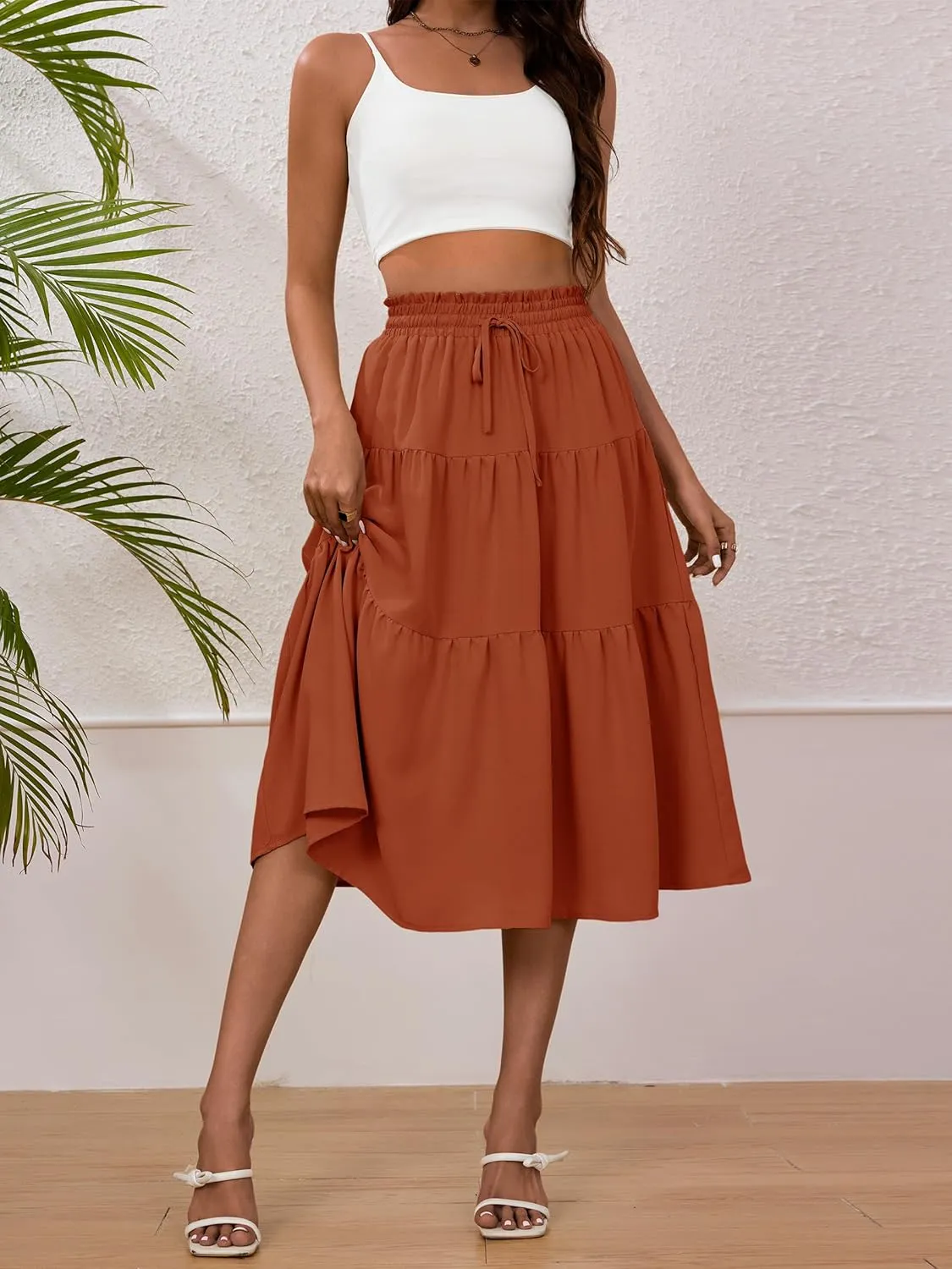 Anbech Women's Midi Skirt Elastic High Waisted Summer Pleated Beach Casual Skirts