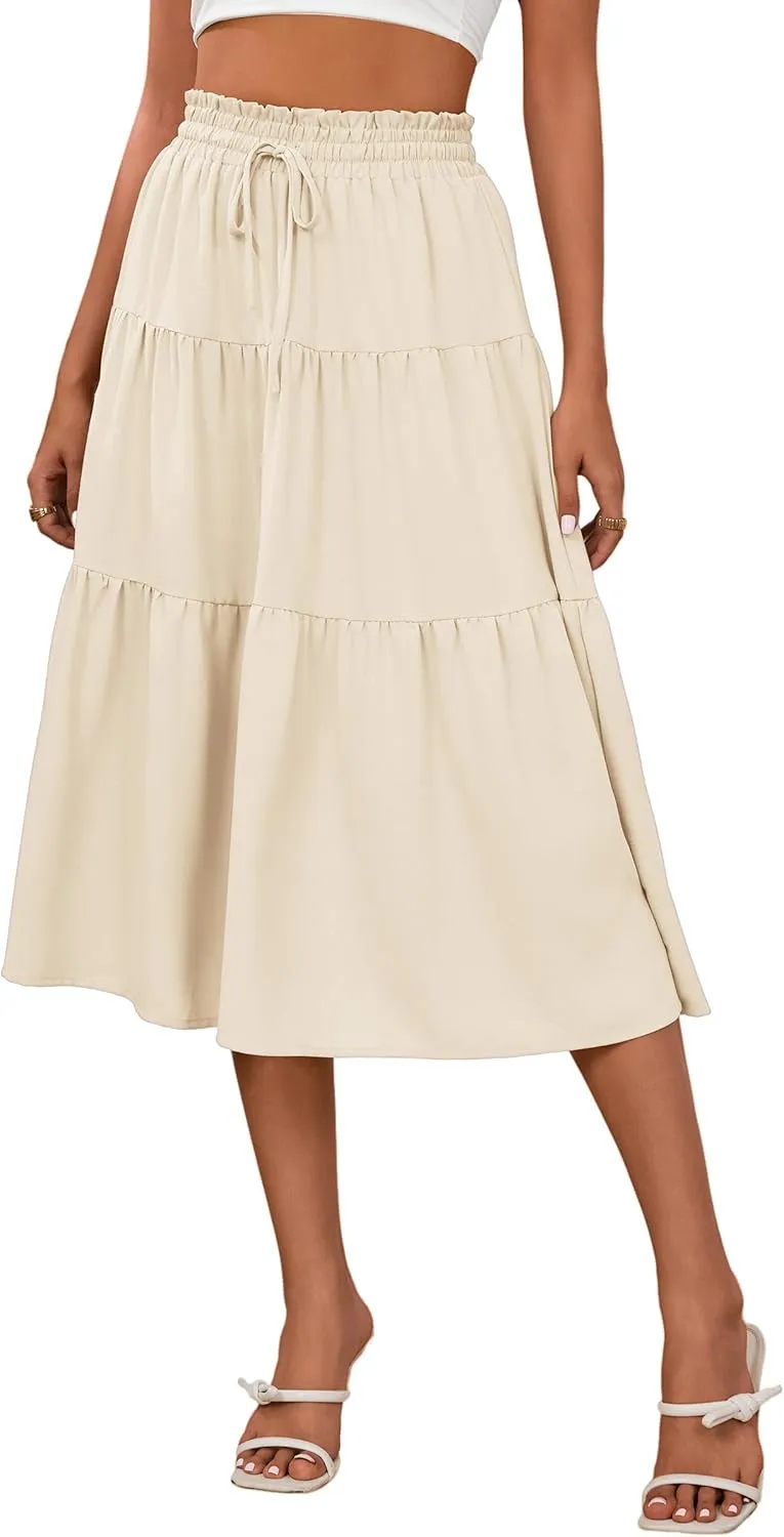 Anbech Women's Midi Skirt Elastic High Waisted Summer Pleated Beach Casual Skirts