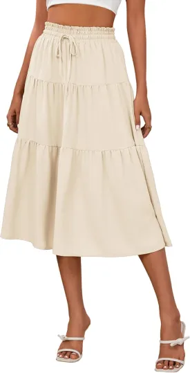 Anbech Women's Midi Skirt Elastic High Waisted Summer Pleated Beach Casual Skirts
