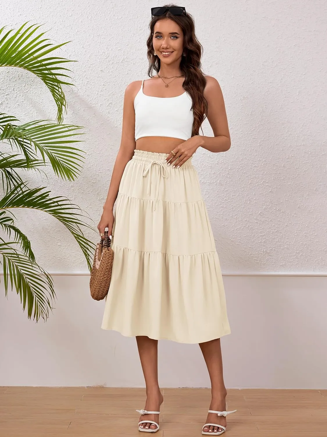 Anbech Women's Midi Skirt Elastic High Waisted Summer Pleated Beach Casual Skirts