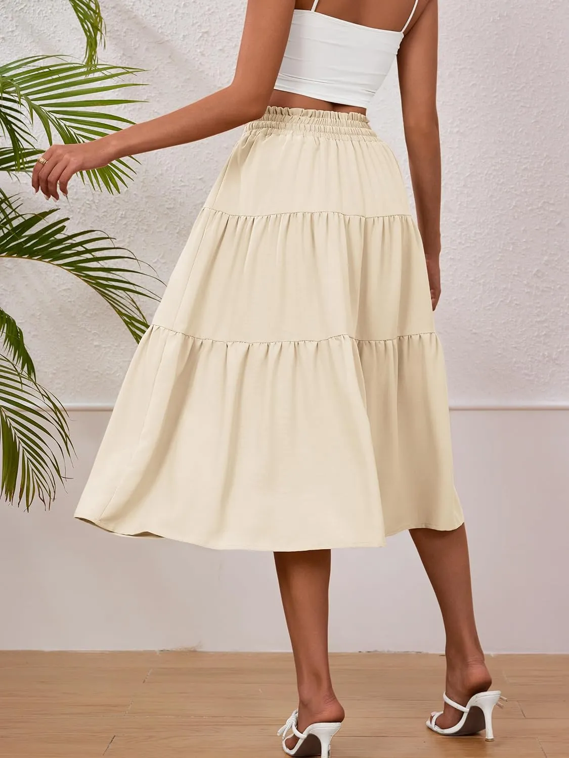 Anbech Women's Midi Skirt Elastic High Waisted Summer Pleated Beach Casual Skirts