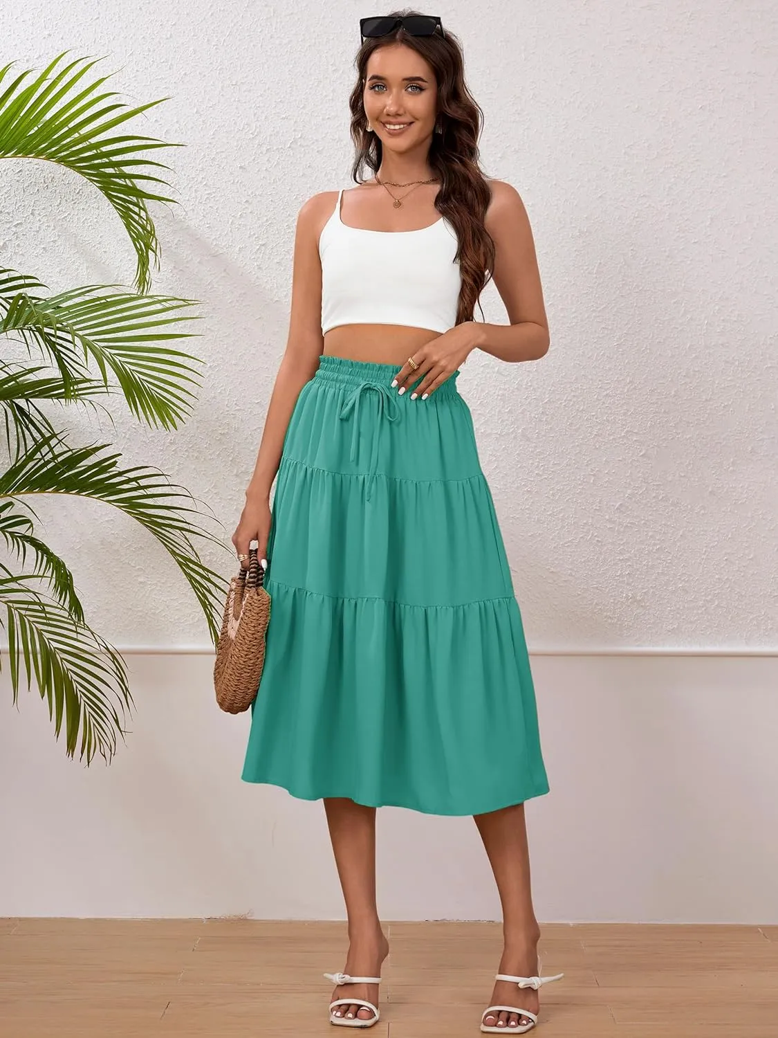 Anbech Women's Midi Skirt Elastic High Waisted Summer Pleated Beach Casual Skirts