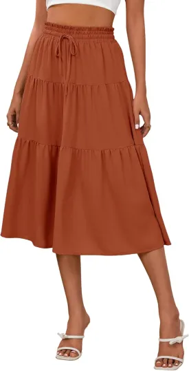 Anbech Women's Midi Skirt Elastic High Waisted Summer Pleated Beach Casual Skirts