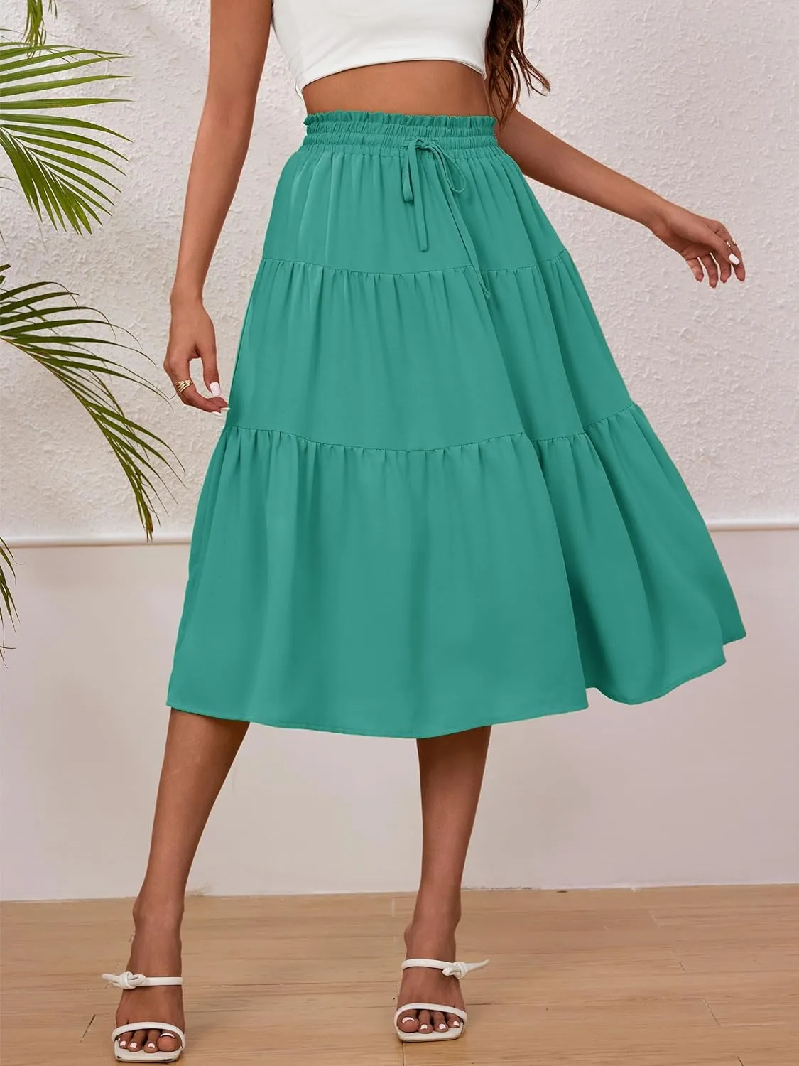 Anbech Women's Midi Skirt Elastic High Waisted Summer Pleated Beach Casual Skirts