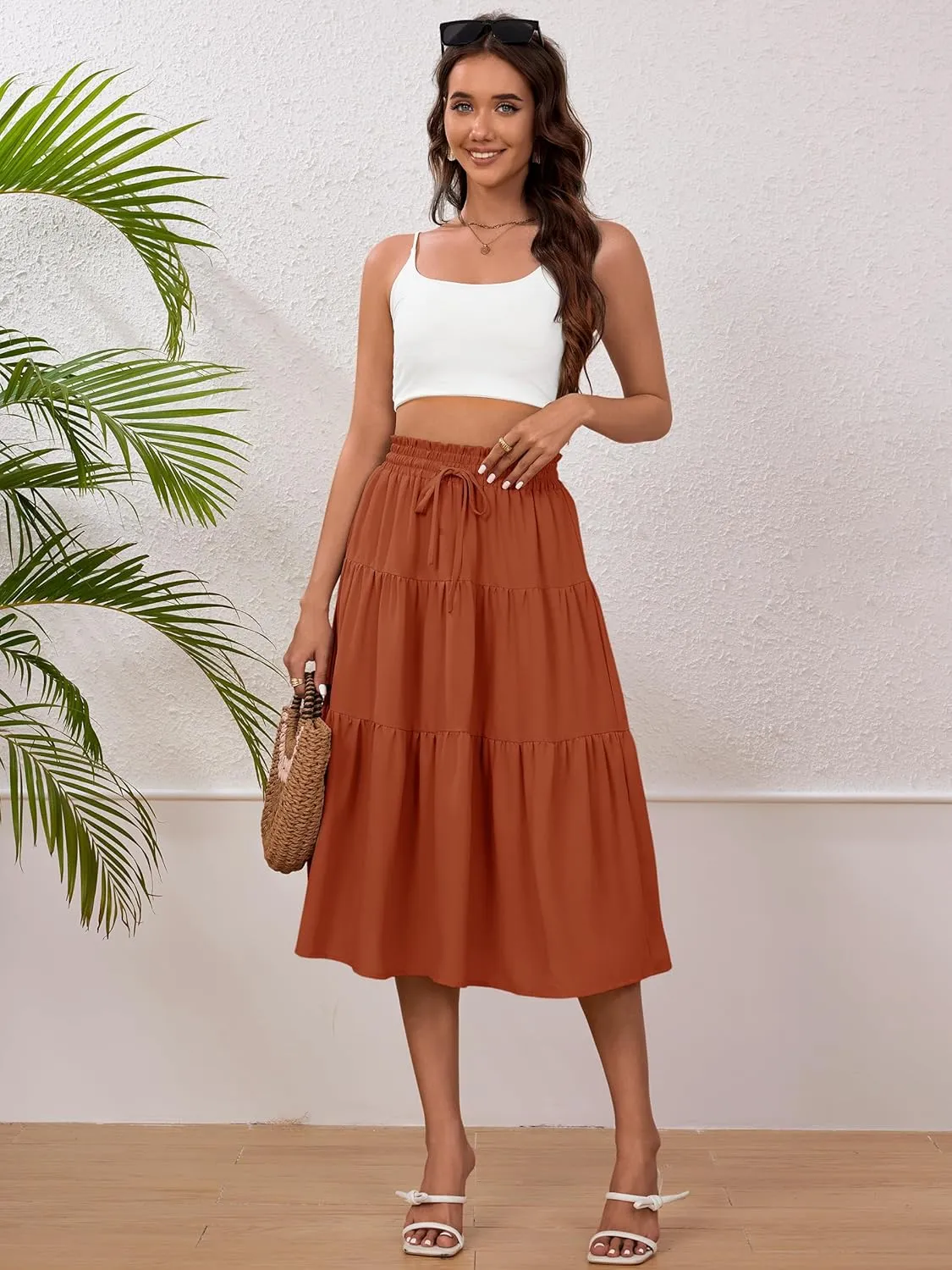 Anbech Women's Midi Skirt Elastic High Waisted Summer Pleated Beach Casual Skirts