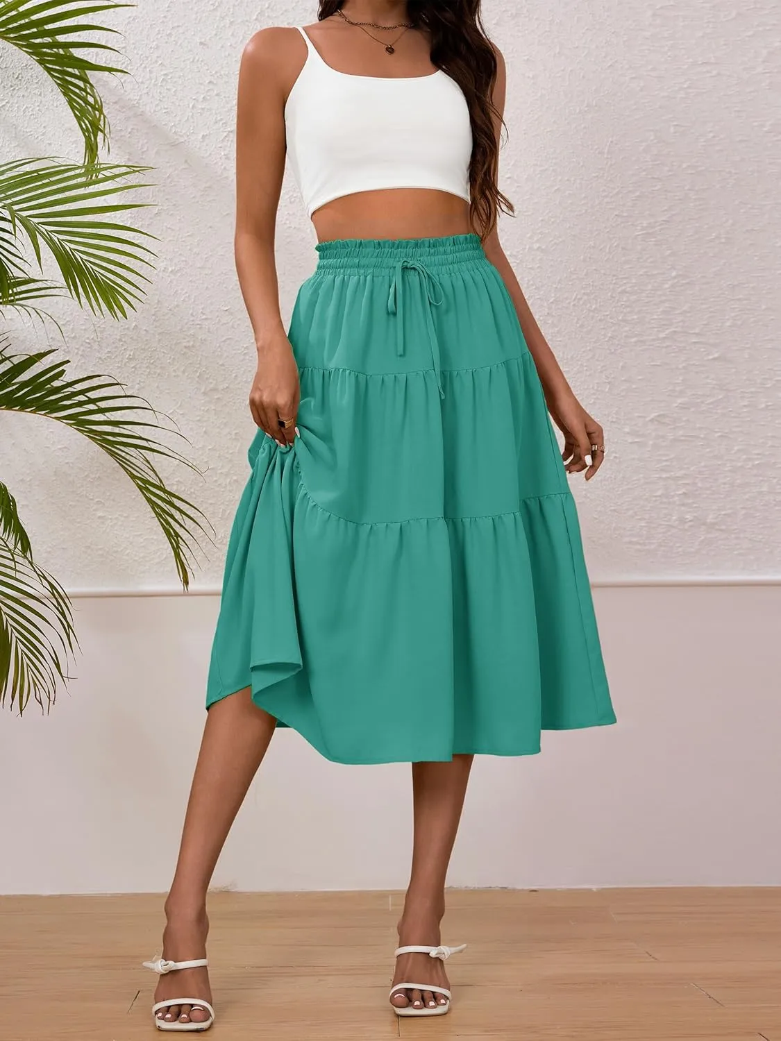 Anbech Women's Midi Skirt Elastic High Waisted Summer Pleated Beach Casual Skirts