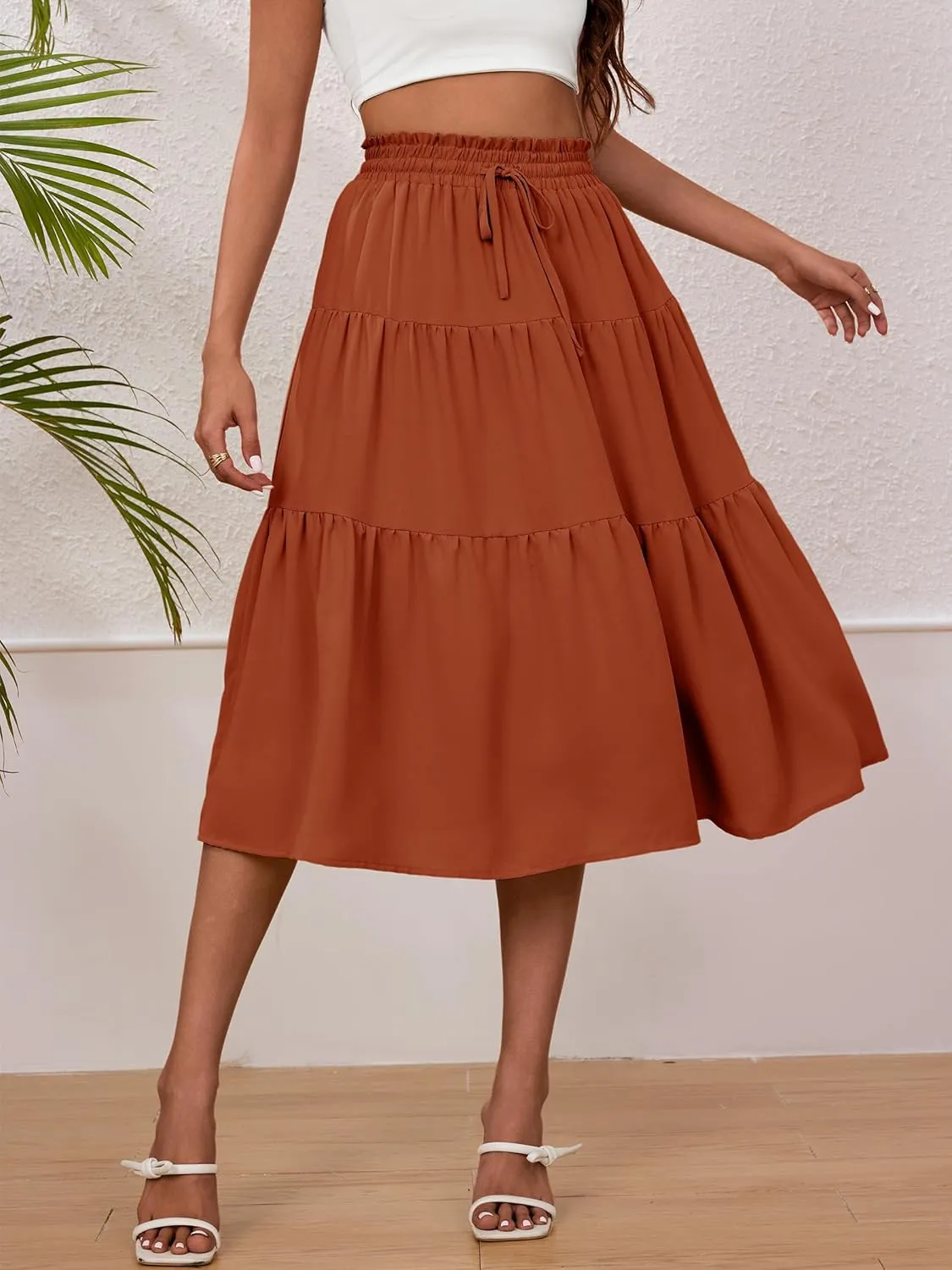 Anbech Women's Midi Skirt Elastic High Waisted Summer Pleated Beach Casual Skirts