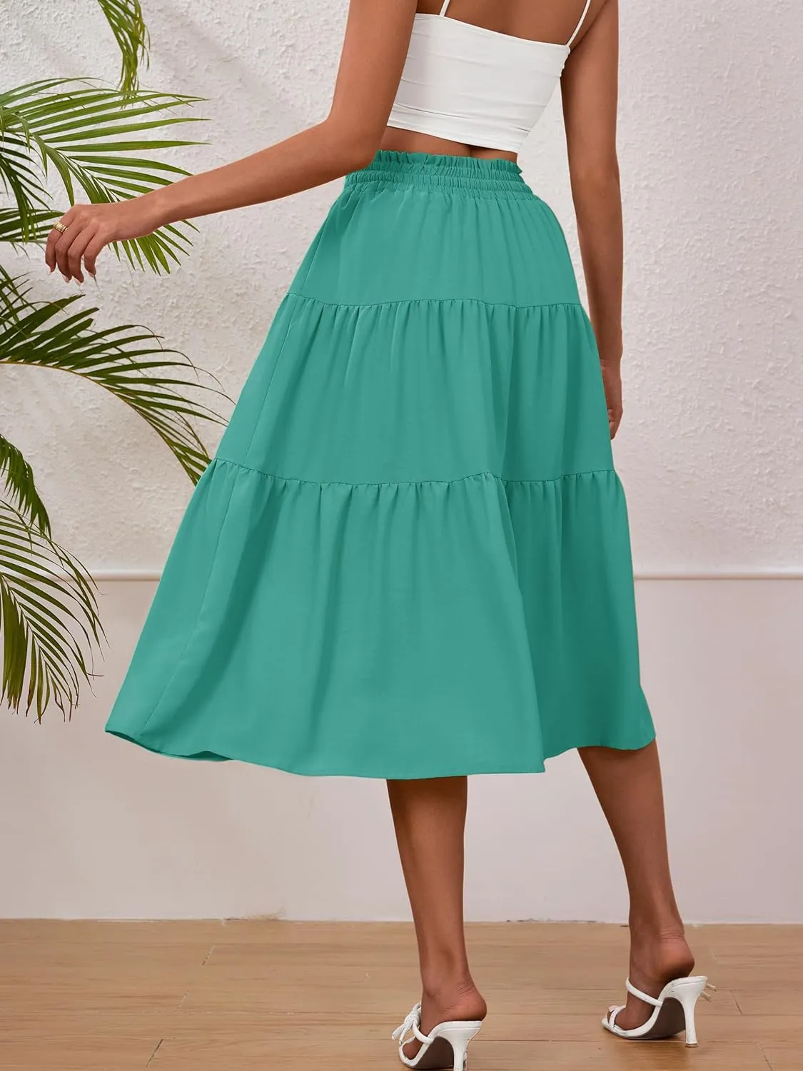 Anbech Women's Midi Skirt Elastic High Waisted Summer Pleated Beach Casual Skirts