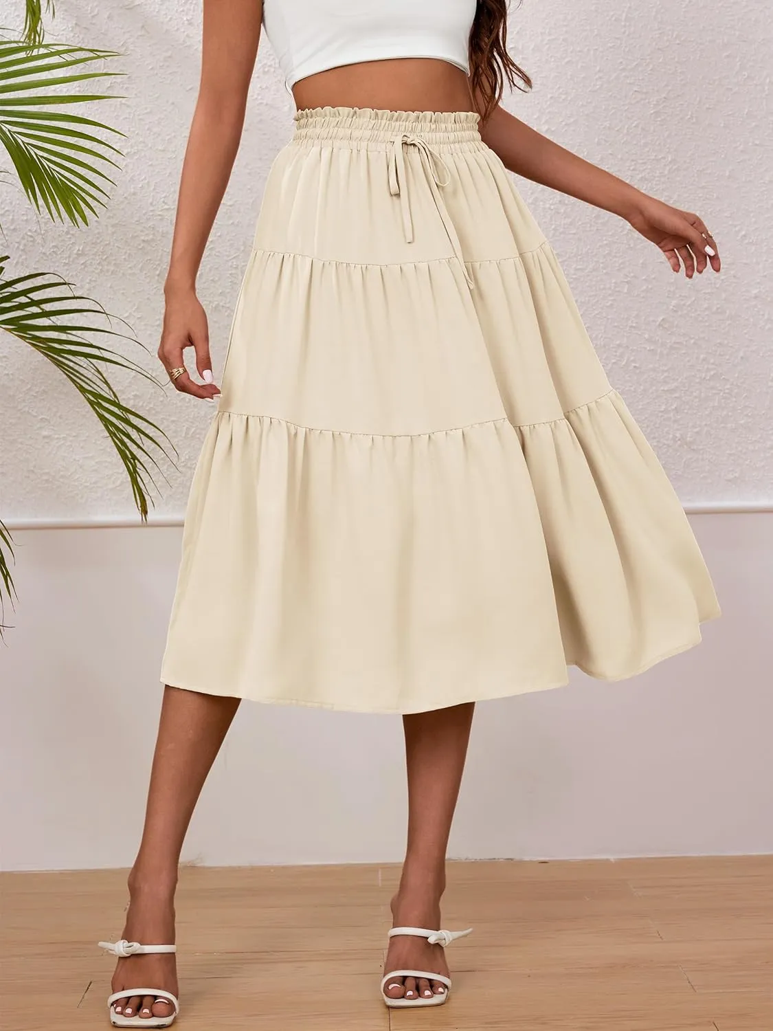 Anbech Women's Midi Skirt Elastic High Waisted Summer Pleated Beach Casual Skirts