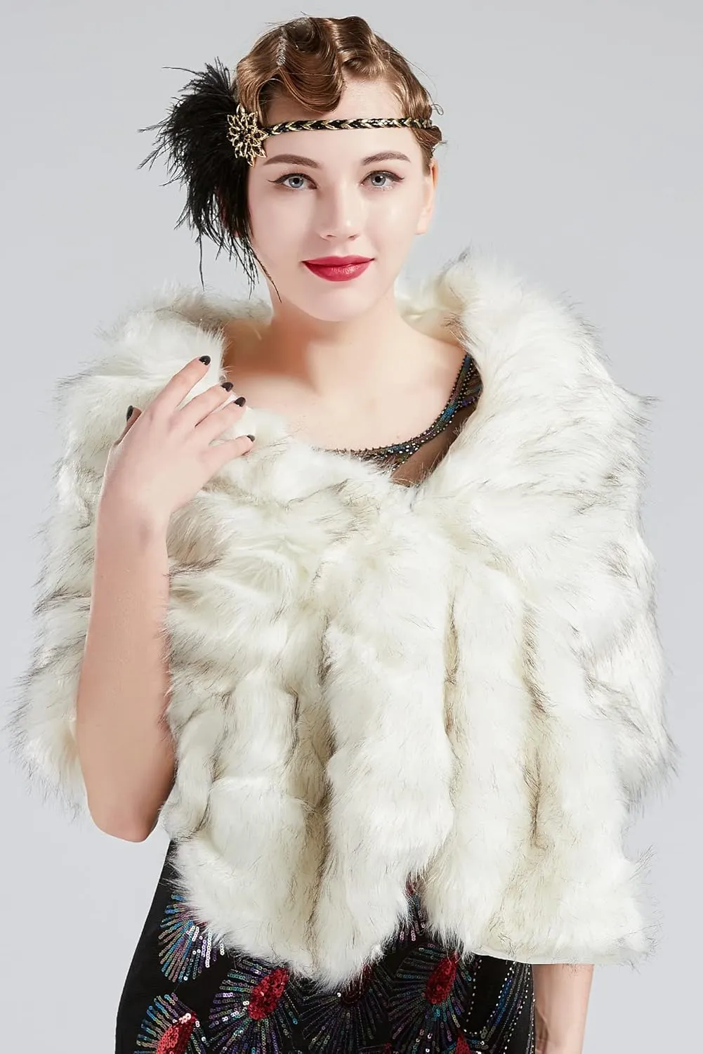 BABEYOND Womens Faux Fur Collar Shawl Faux Fur Scarf Wrap Evening Cape for Winter Coat