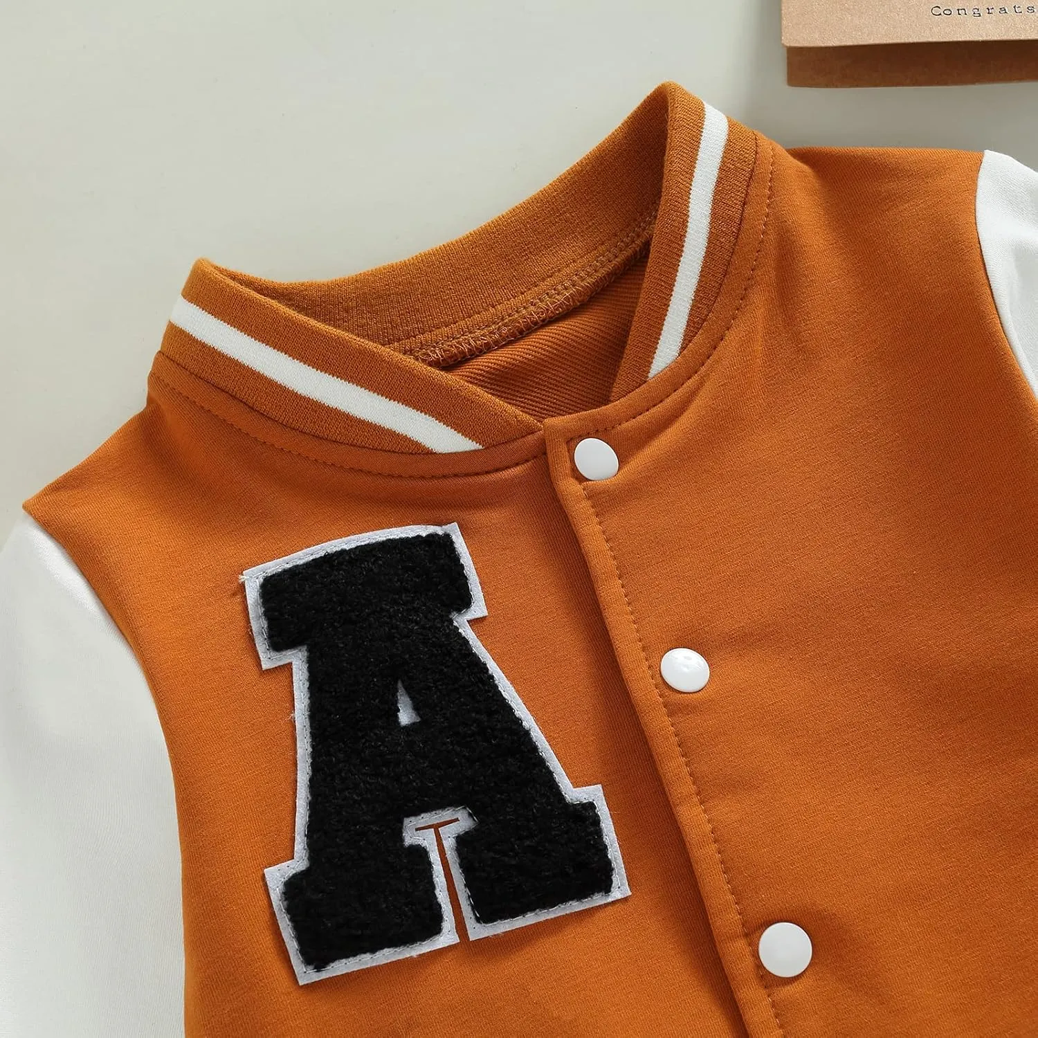 Baby Boy Girl Baseball Varsity Jacket Long Sleeve Button Down Letterman Bomber Outwear Coat Fall Winter Clothes