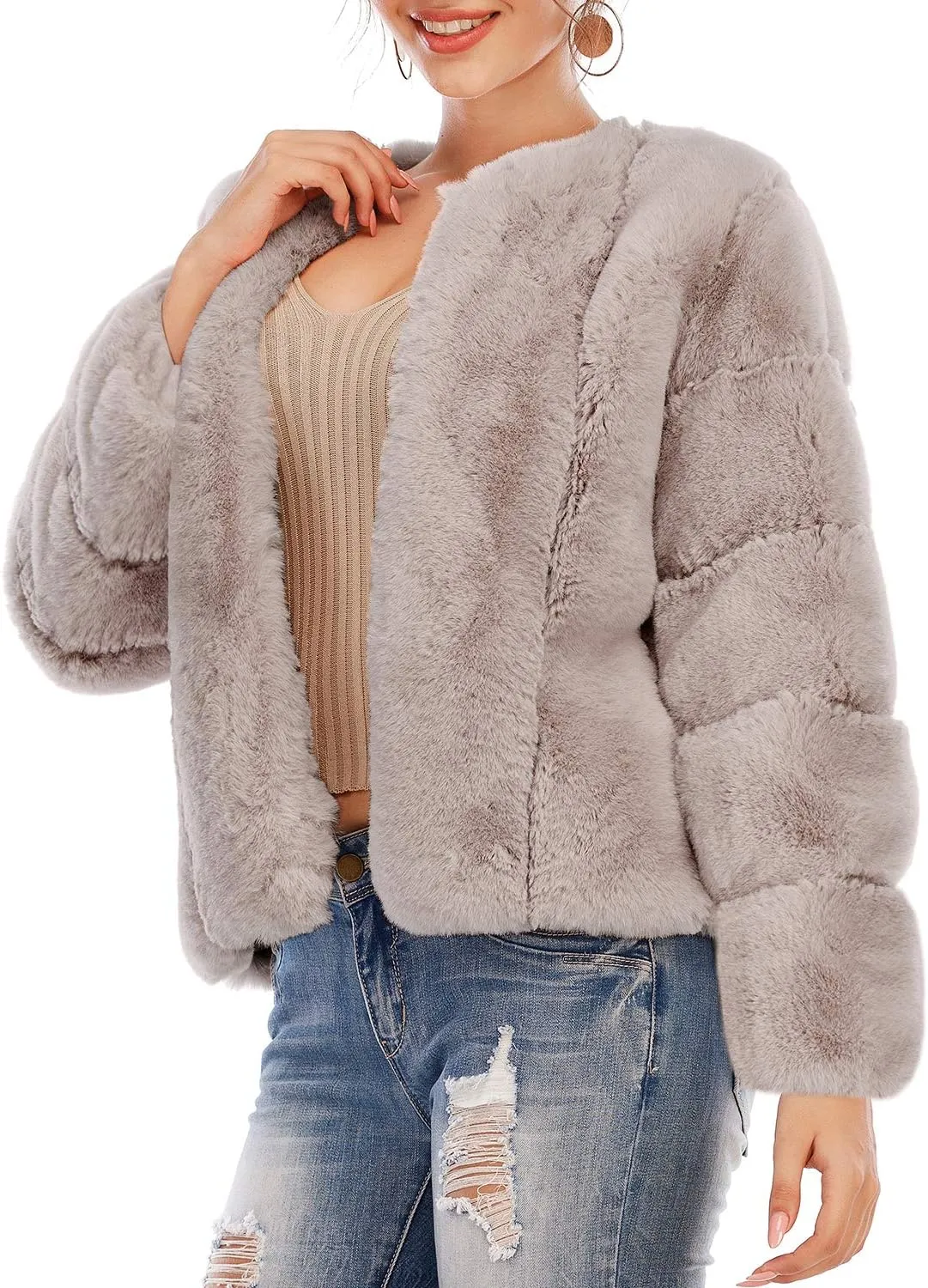 BerryGo Women's Long Sleeve Open Front Fuzzy Faux Fur Coat