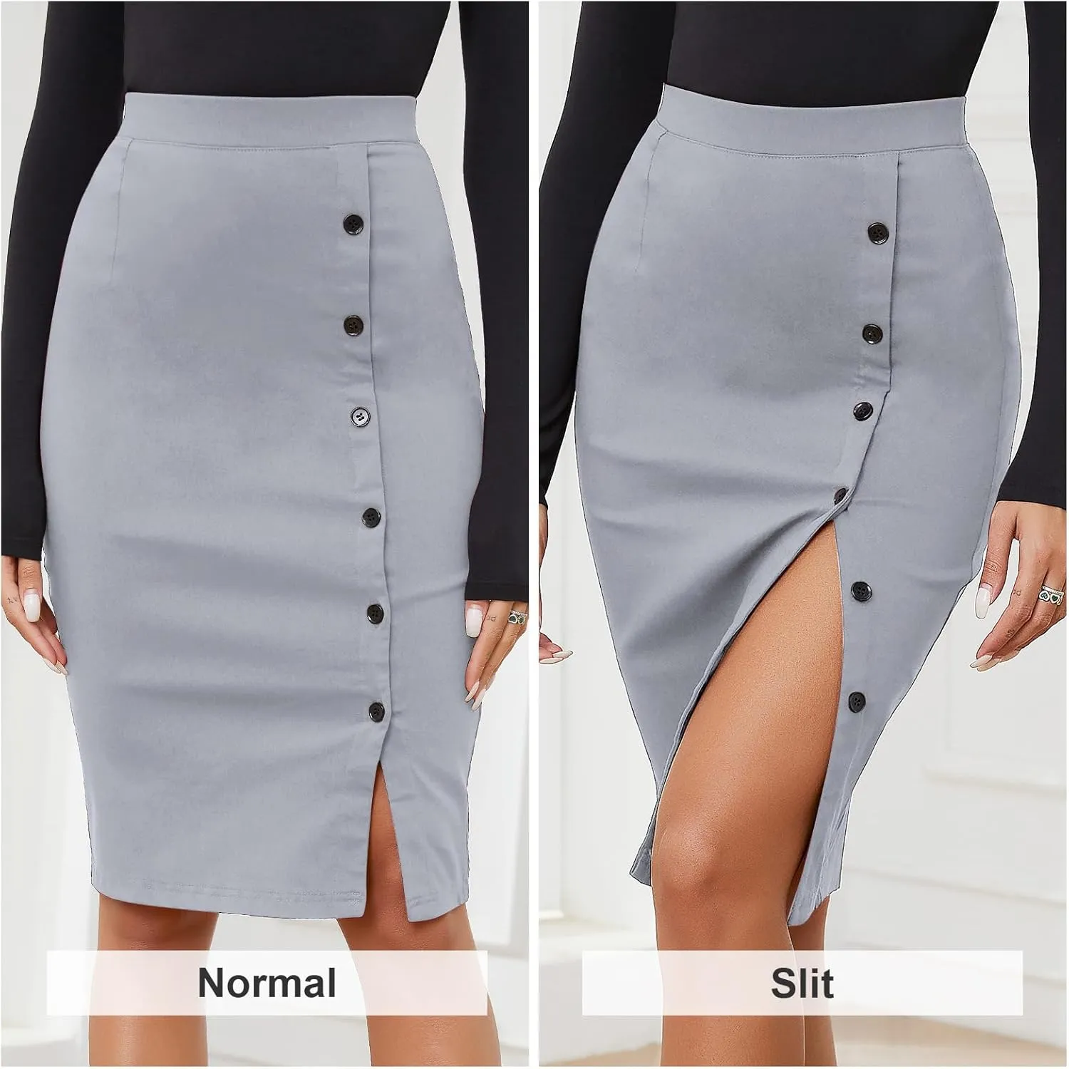 Byinns Women's 2025 High Waist Pencil Skirt Button Slit Work Skirts Plaid Business Bodycon Midi Skirt Knee Length