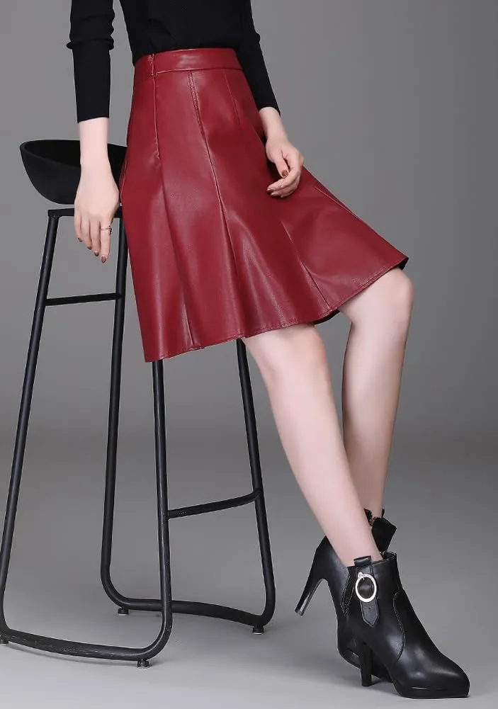 chouyatou Women's High Waisted Faux Leather Pleated Skirt A Line Knee Length Business Casual Midi Skirt