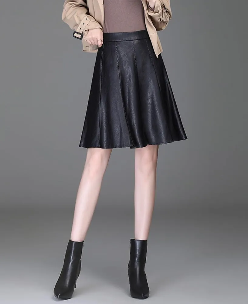 chouyatou Women's High Waisted Faux Leather Pleated Skirt A Line Knee Length Business Casual Midi Skirt