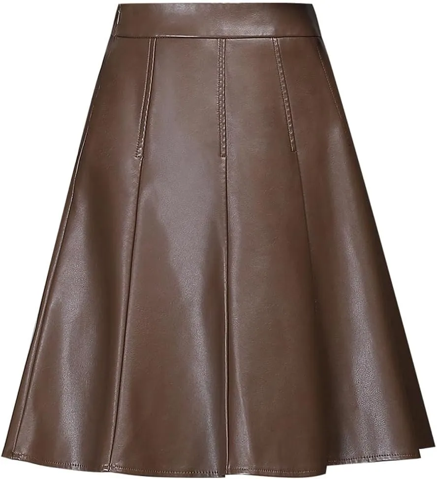 chouyatou Women's High Waisted Faux Leather Pleated Skirt A Line Knee Length Business Casual Midi Skirt